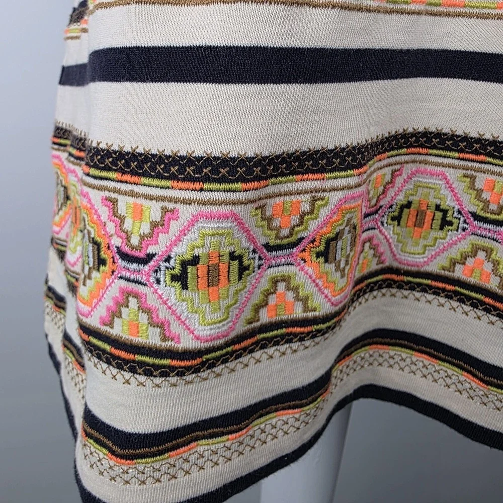 J CREW Women's Top SZ M Striped Aztec‎ Neon Embroidered Bateau Neck 3/4  *READ